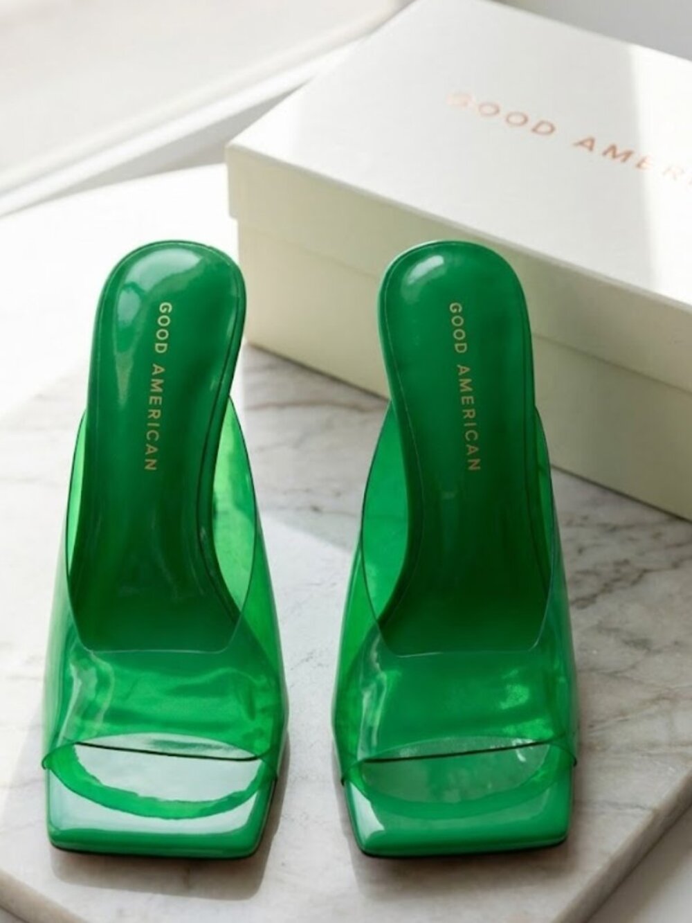 Good American Summer Green Emma Slip Heels Size 7.5 NIB